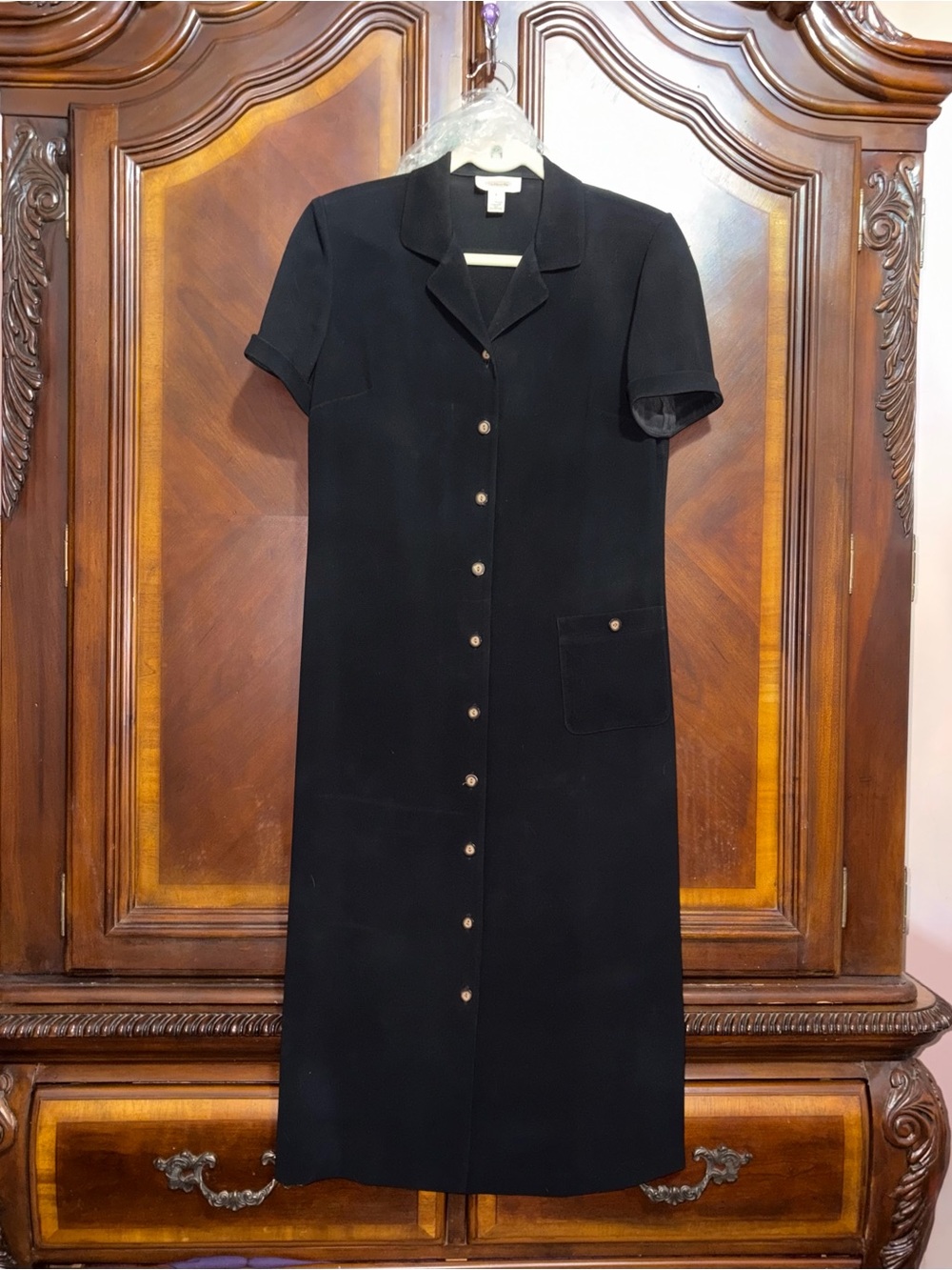 Talbots Black Short-Sleeve Button-Front Midi Dress